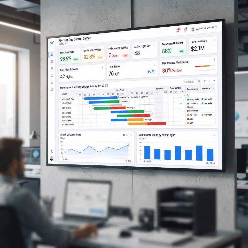 Enterprise operations dashboard with KPI stoplight indicators and maintenance scheduling
