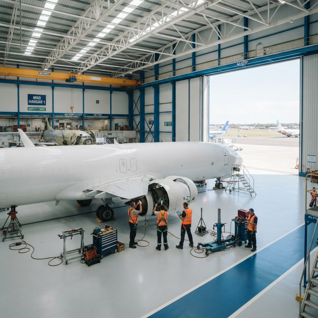 Commercial aircraft undergoing maintenance in a modern hangar